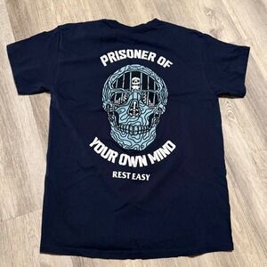 Rest Easy Mens Prisoner of Your Own Mind Skull‎ Graphic T-Shirt Navy Blue Size M